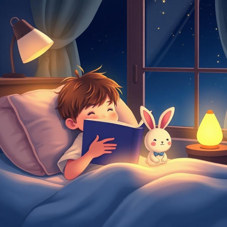 A child reading a storybook in bed with a bunny on the pillow