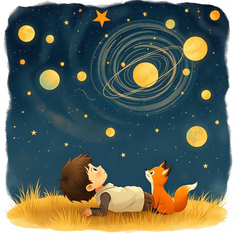 A child looking at a starry sky with a fox beside them