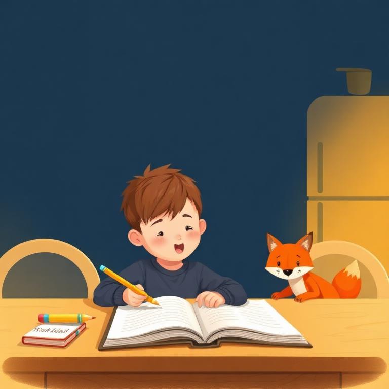 A child doing homework at a kitchen table with a fox helping